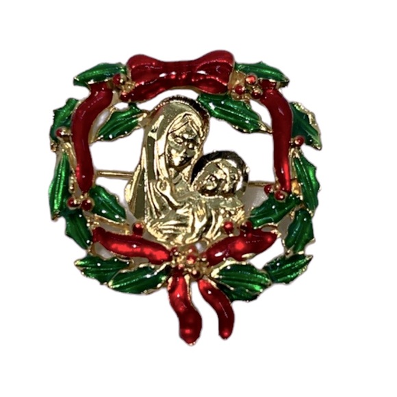VINTAGE CHRISTMAS ENAMELED PIN MARY & JESUS WITH SHINY POINSETTIAS & RED RIBBON - Picture 5 of 5